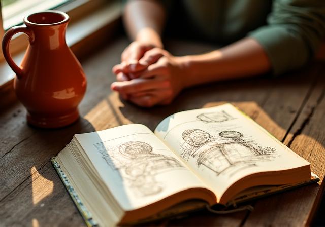 Cuaderno de viaje y manos artesanas trabajando