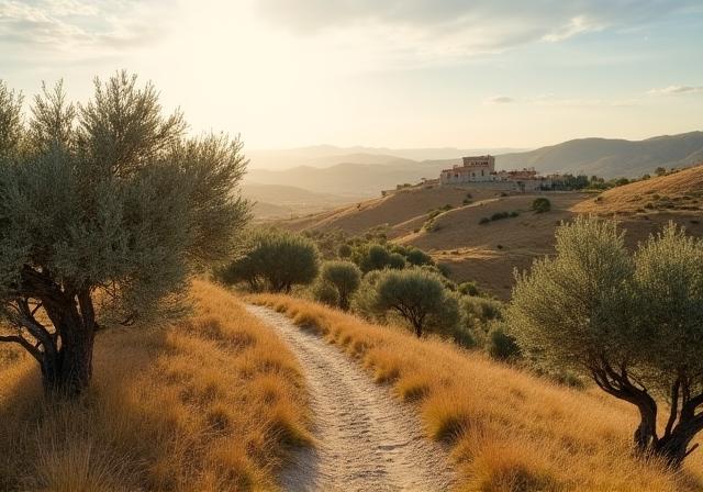 Paisaje rural sereno en la Toscana española (Matarraña) con olivos